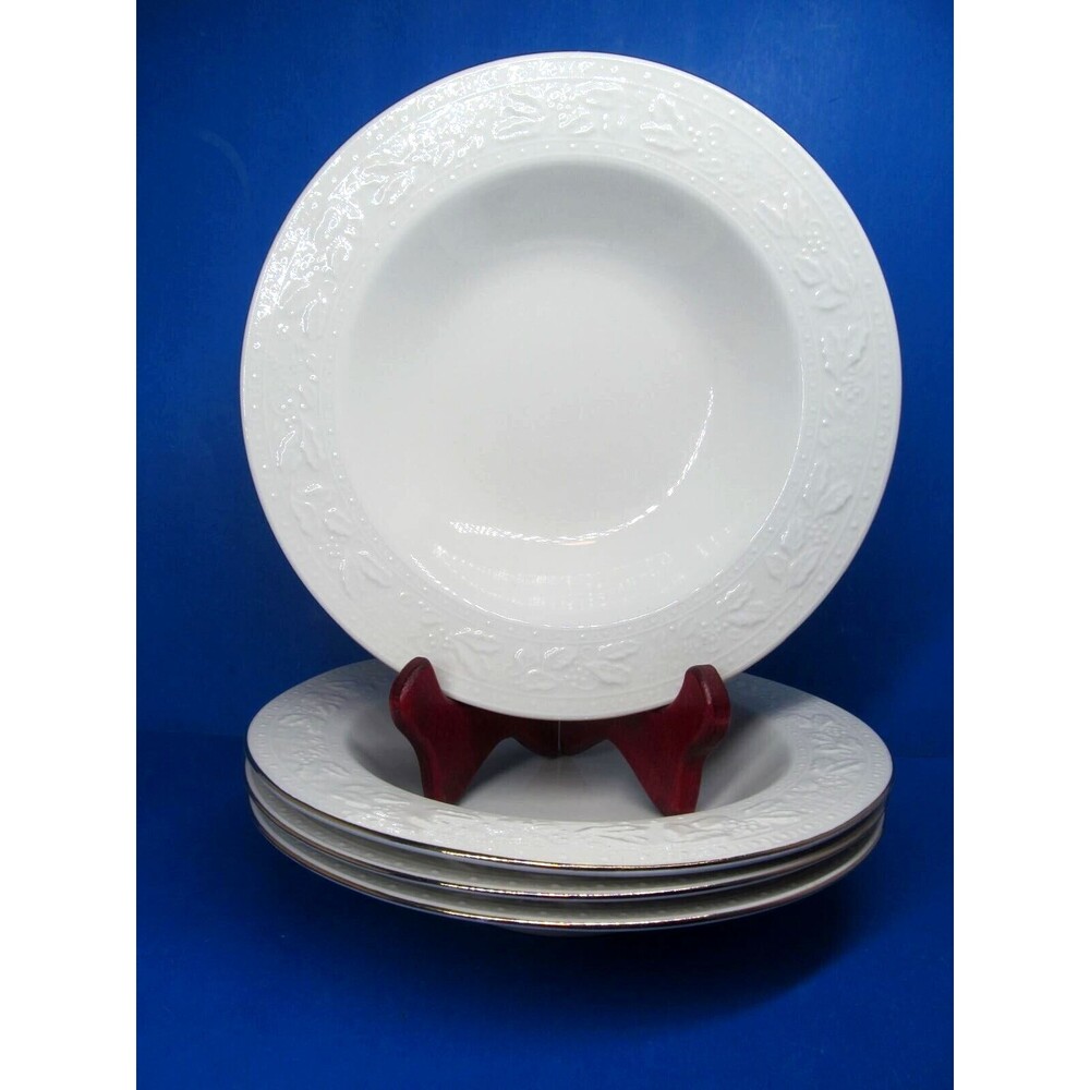 Libbey White Holly Embossed Gold Trim 9 " Rimmed Soup Salad Bowls